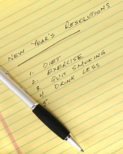 piece of yellow paper that says new years resolutions diet, exercise, quit smoking, drink less. Add therapy in Atlanta, GA to this list and see a therapist at Wellview Counseling in 2021